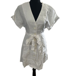 Olivaceous Women’s White Linen Button-Up Dress w/Belt, Size Small